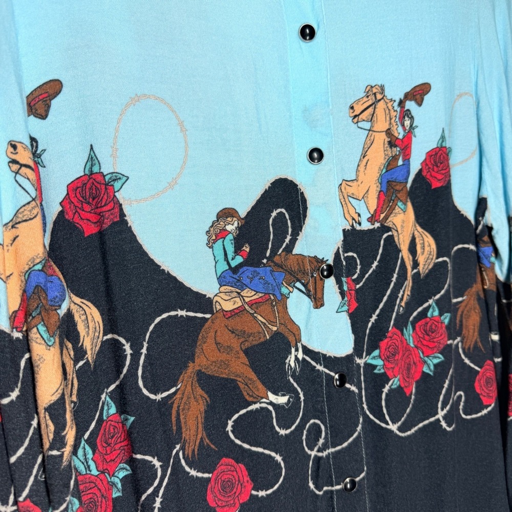 Roper Cowgirl Rider Western Shirt Blue Black Rayon - See measurements - Picture 5 of 10